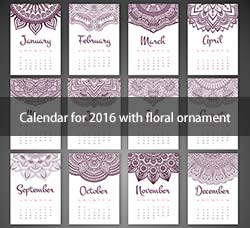 10套花卉底纹的2016年挂历/日历模板：Calendar for 2016 with floral ornament